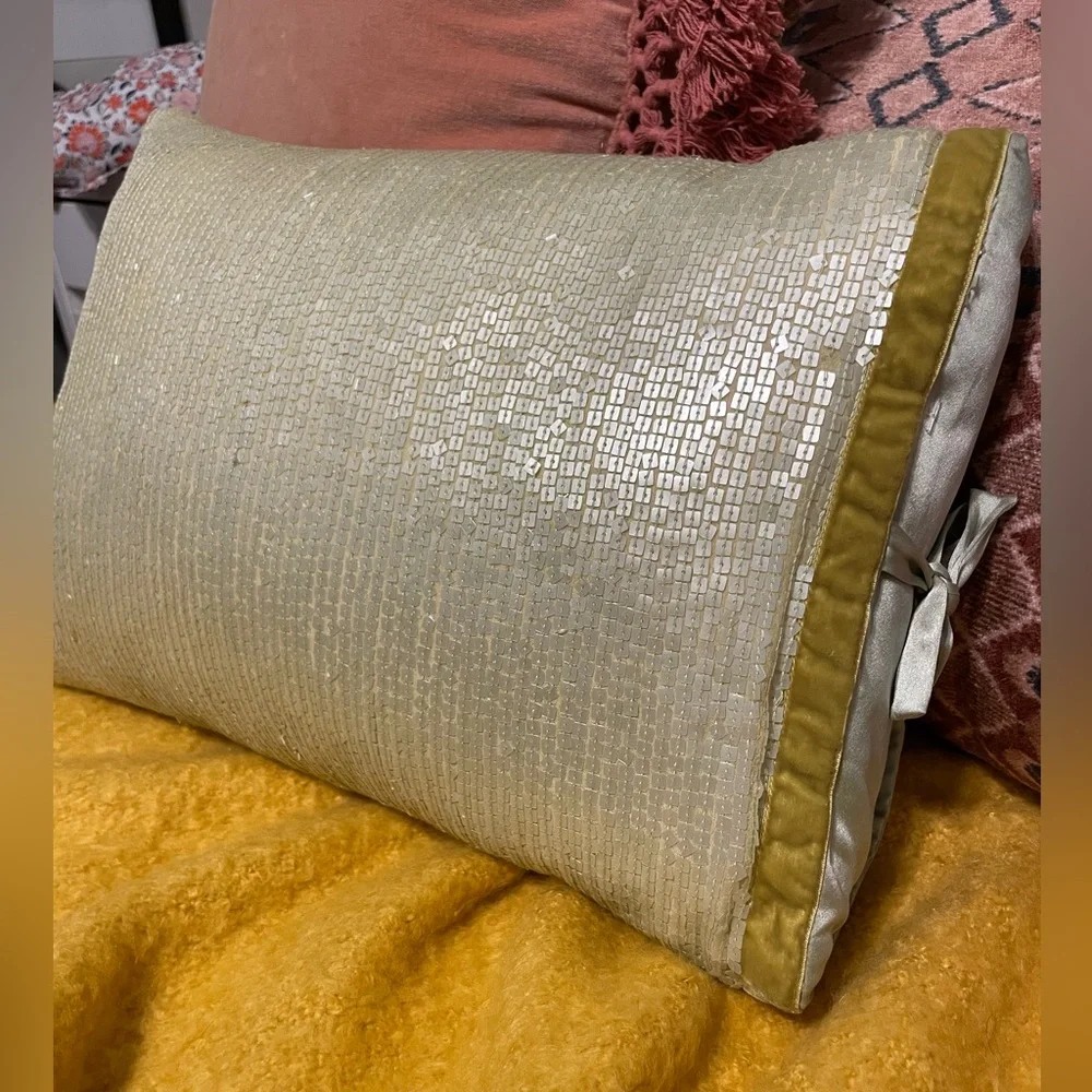 Michele Varian Silk and Sequin throw pillow cover with down insert seafoam green